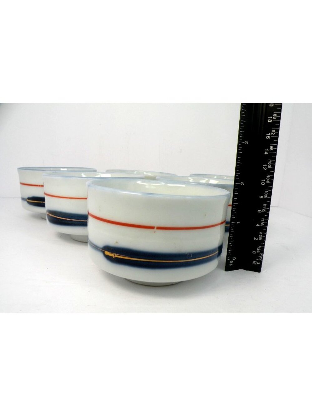 Set Of 6 Vintage Japanese Porcelain Cups Bowls With Orange Gold & Blue Stripes M